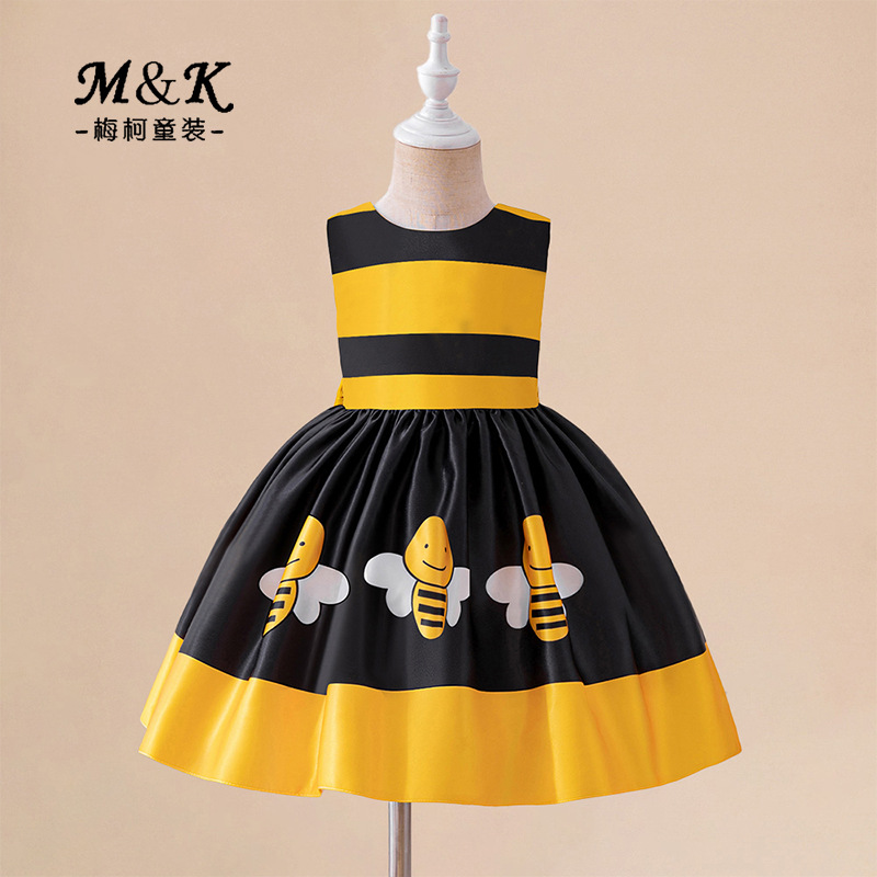 Cross-border New Girls' Princess Dress Satin Sleeveless Bee Dress Pleated Contrast dress Hidden Button Butterfly