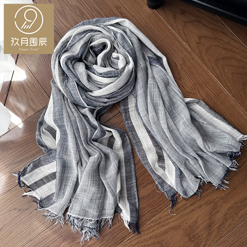 Picture of Literary Classic Striped Color Matching Bamboo Cotton Yarn Scarf Women's Four Seasons Good Wear Thin Long Silk Scarf Sunscreen Shawl