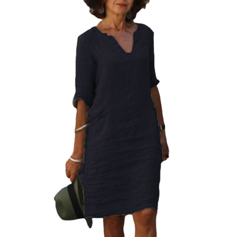Picture of Amazon European and American autumn cotton and linen small V-neck stitching retro solid color 3/4 sleeve dress women's linen cotton fabric