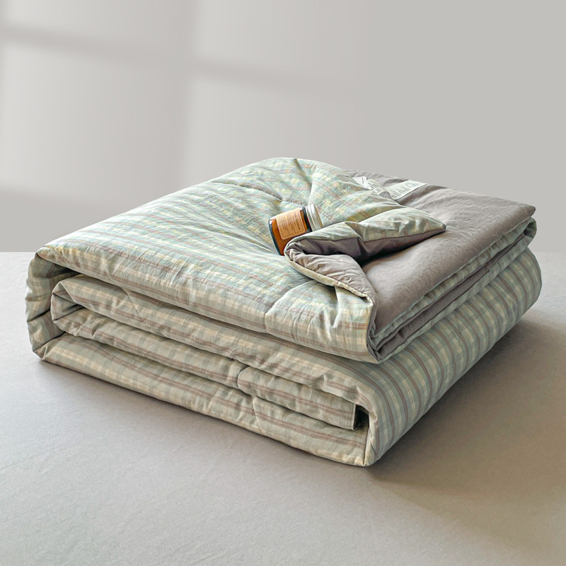 Unprinted Style Water Wash Cotton Summer Quilt Japanese Style Simple Striped 7A Antibacterial Summer Cool Quilt Air Conditioning Quilt Dormitory Machine Washable