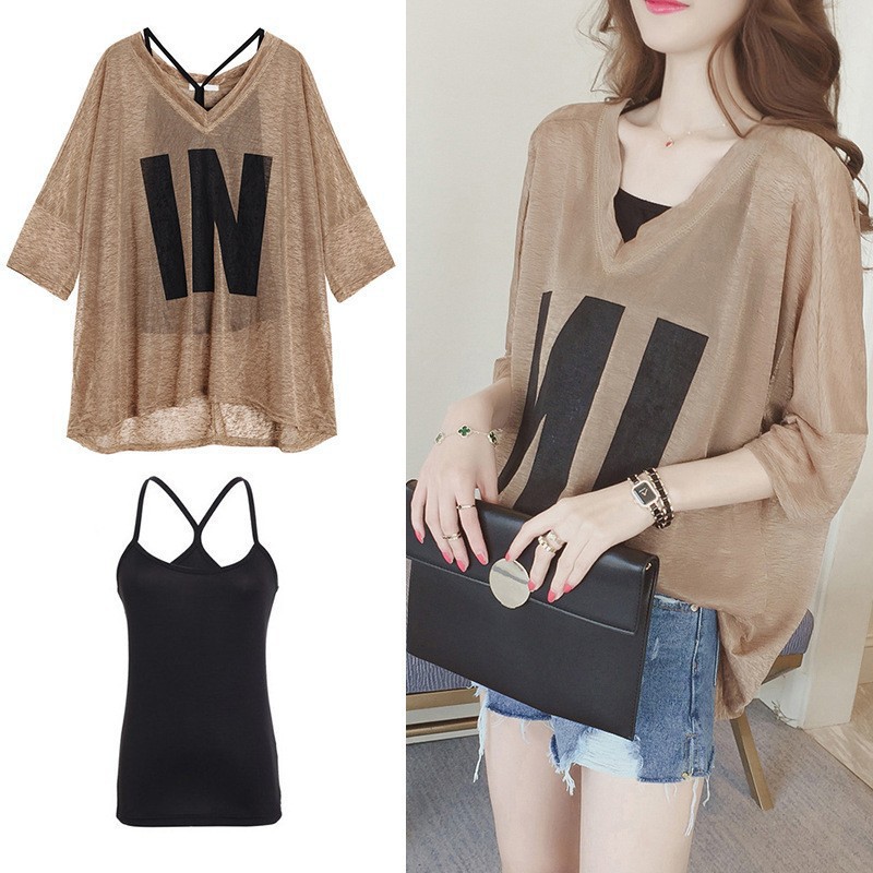 Add fat plus size loose short sleeve T-shirt women's printed suspenders fashion two-piece chubby girl summer new jacket wholesale