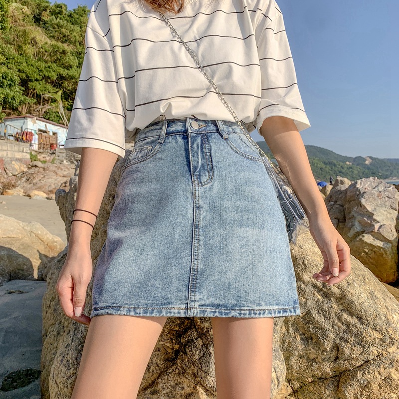 Summer New Korean-style Denim Skirt Women's Solid Color High Waist Slim-fit Hip Outer Wear All-match Student A- line Short Skirt Trendy
