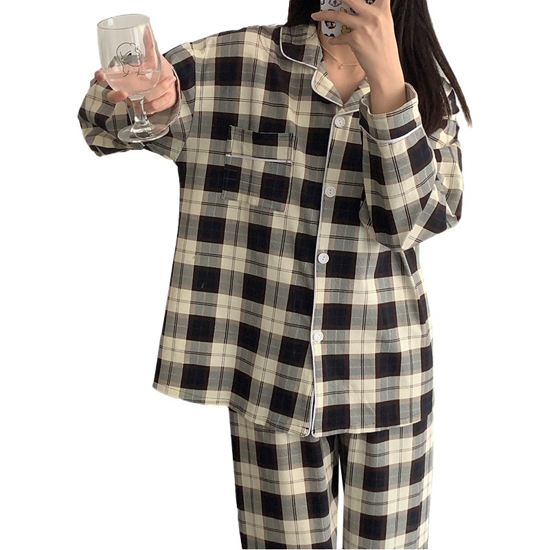 Cross-border Korean version of ins simple plaid pajamas women's spring and summer new girls long sleeve home can be worn outside the real wholesale