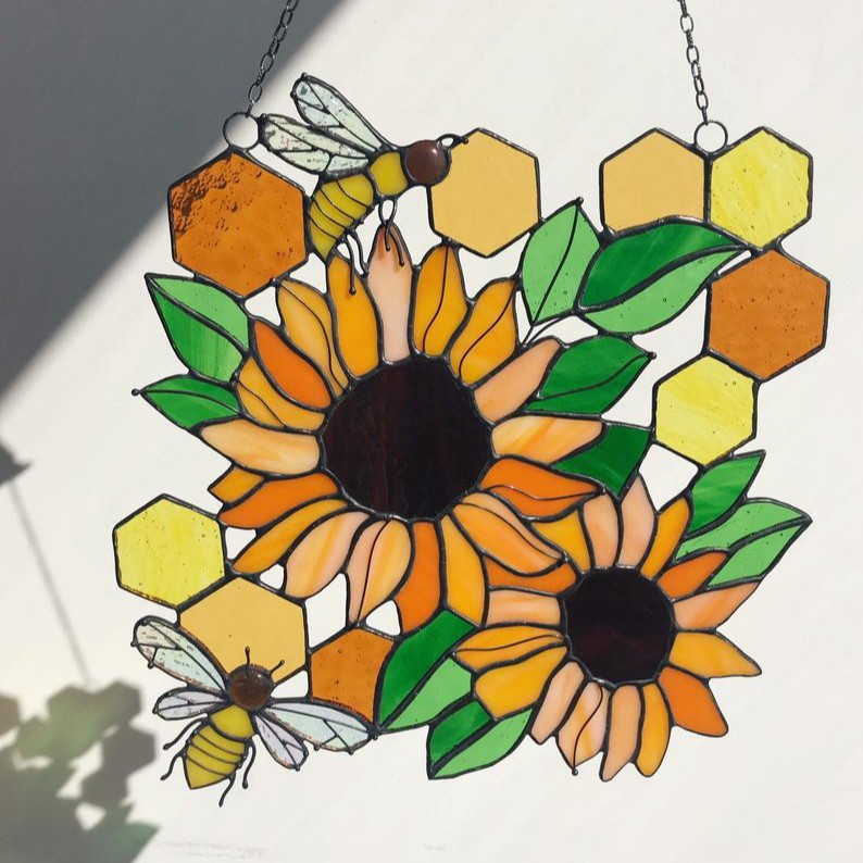 Beeornament Bee Sunflower Ornament Pendant Home Window Wall Art Painting Decoration Keychain