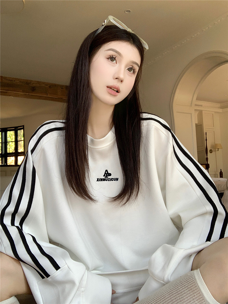 American Stripe Embroidered Long Sleeve Sweat Women's Autumn Korean Style New Couple Loose Mid-length Sports Casual Top