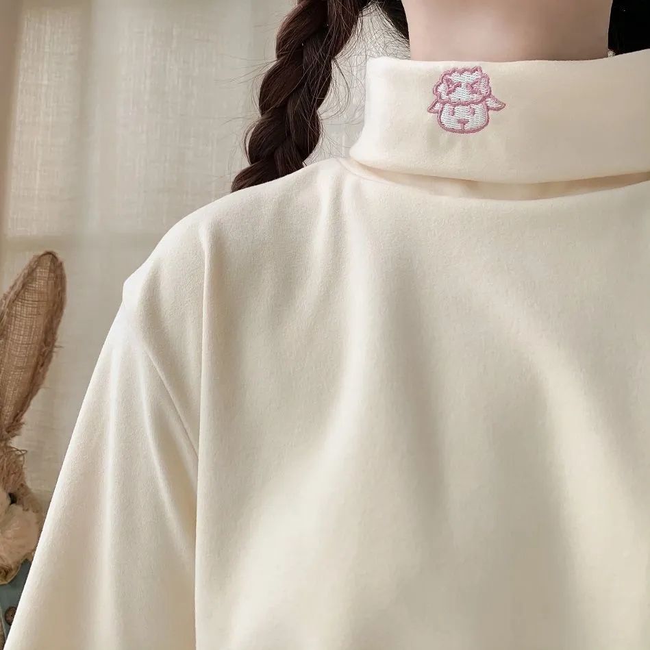 Bottoming Shirt Turtleneck Velvet Inner Lamb Embroidery Autumn and Winter fleece-lined Thickened Warm Loose Long-sleeved Female Student Top