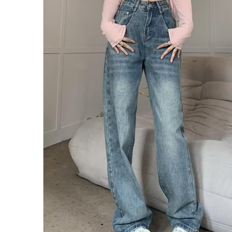 Small wide-leg jeans for women 2023 Autumn New American high waist drape slimming straight mop pants