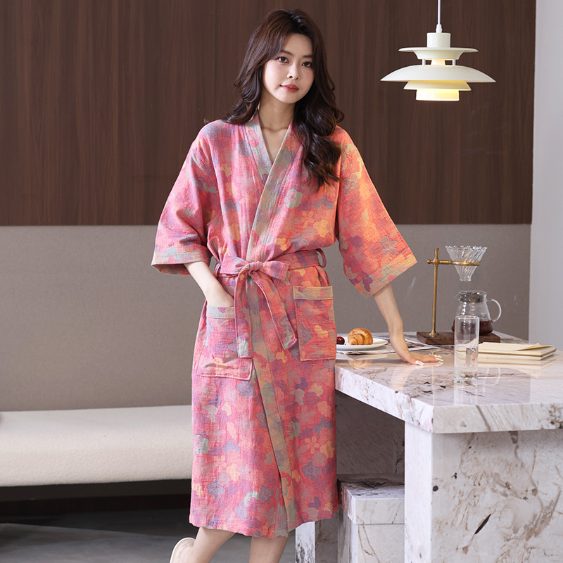 Picture of Class A Spring and Summer Thin Pajamas Pure Cotton Double Gauze Bathrobe Home Clothes Nightgown Couple's Water Absorbent Quick-drying Bathrobe