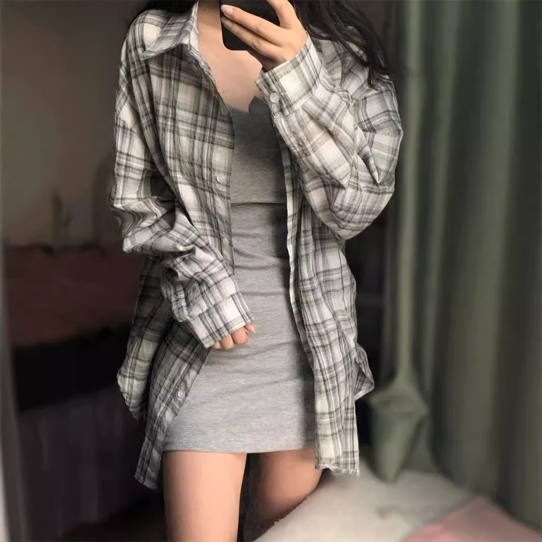 Vintage Sun Protection Plaid Shirt 2024 New Style Lazy Shirt Loose Casual Blue Contrast Button Long Sleeve Outer Wear
