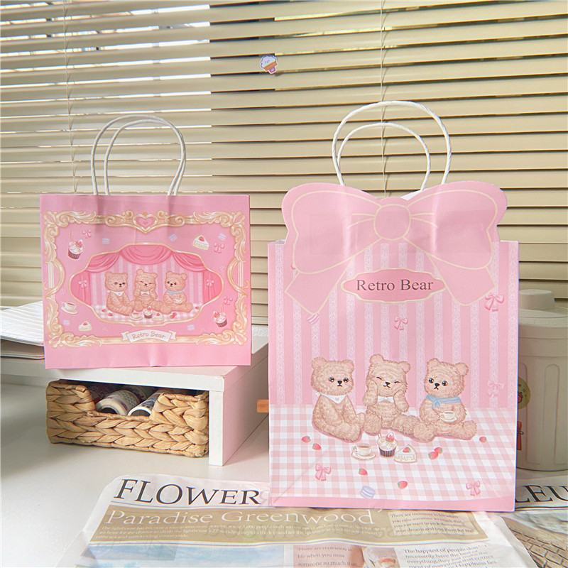 Cute Cartoon Vintage Plush Bear Bow Gift Bag Packaging Paper Bag Handbag Instagram Style Holiday Gifts