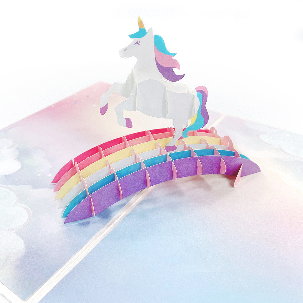Picture of Cross-Border 3D Birthday Greeting Card for Children, Unicorn Rainbow Bridge Paper Carving Craft Blessing Card, Universal for Holidays