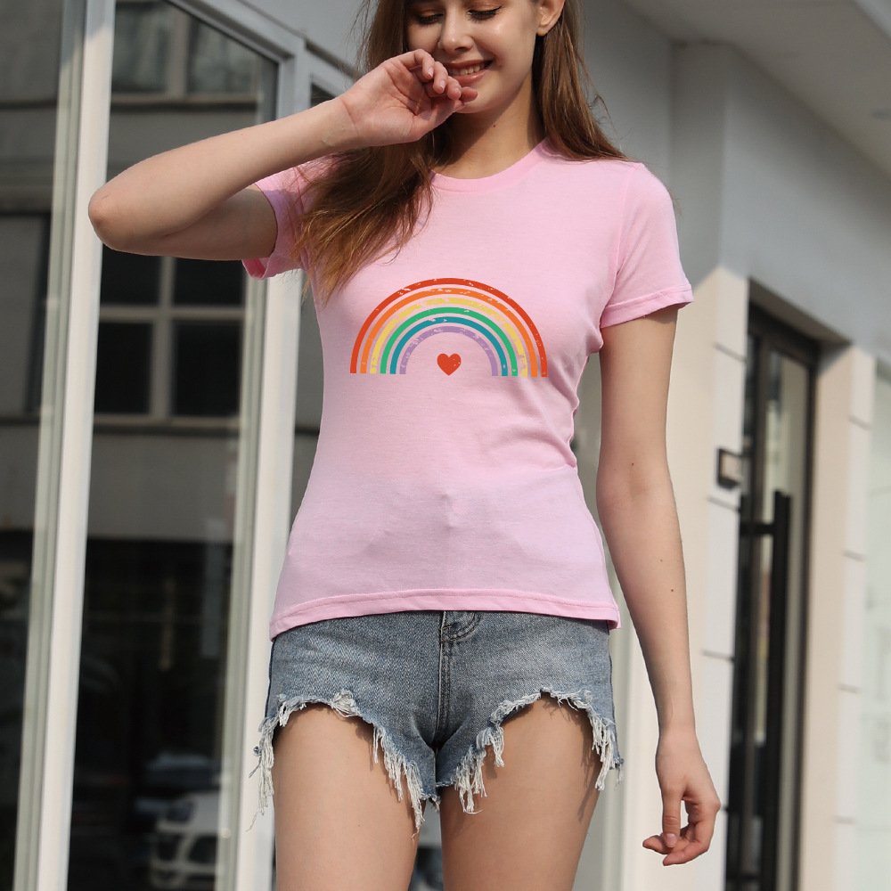 2021 Amazon Cross-border Waist Women's T-shirt Summer Colorful Rainbow Print Fashion Top Short Sleeve Clothes