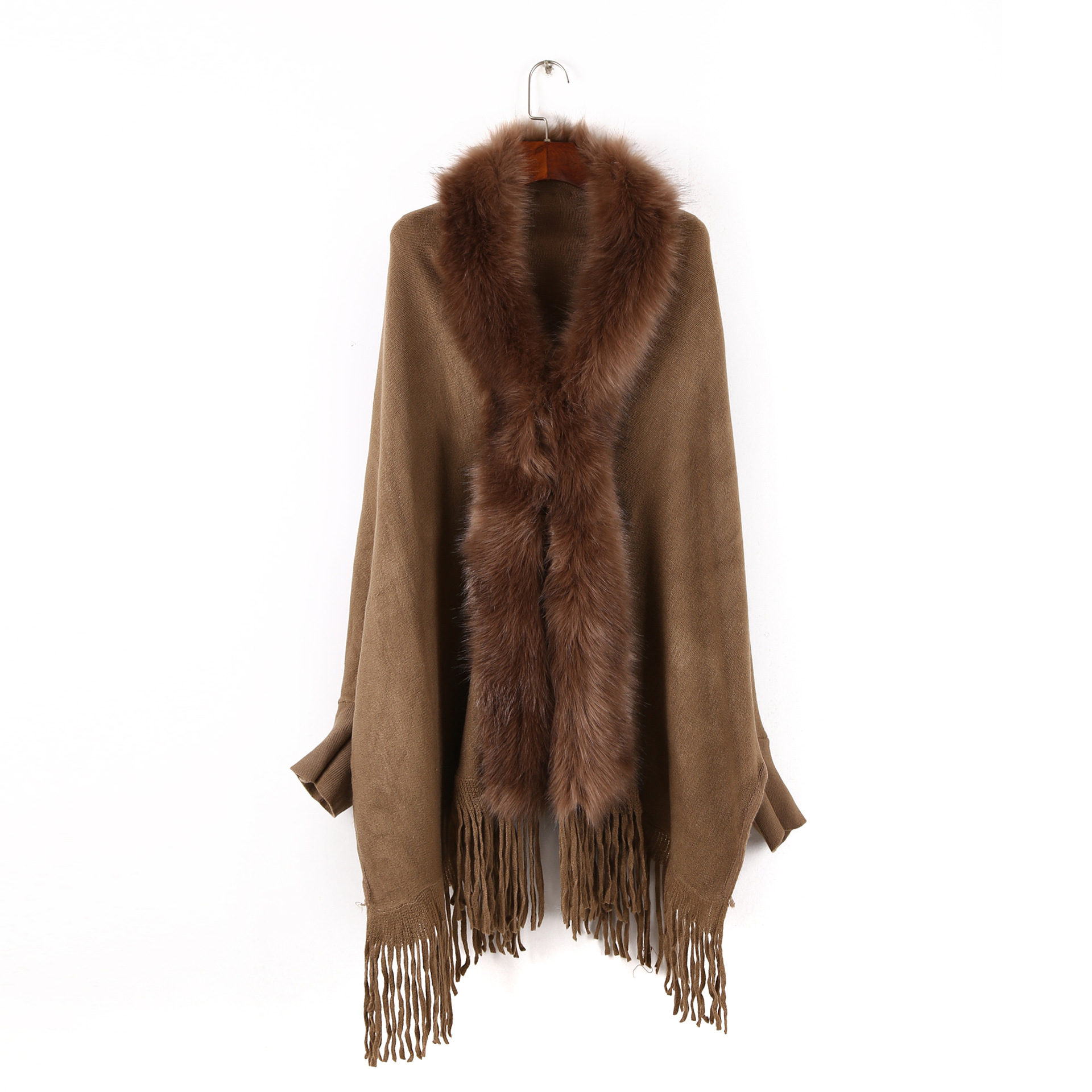 Picture of Autumn and Winter New Fashion Women's Cape Cardigan Artificial Fur Solid Color Sleeve Long Tassel Hem Cape Wholesale