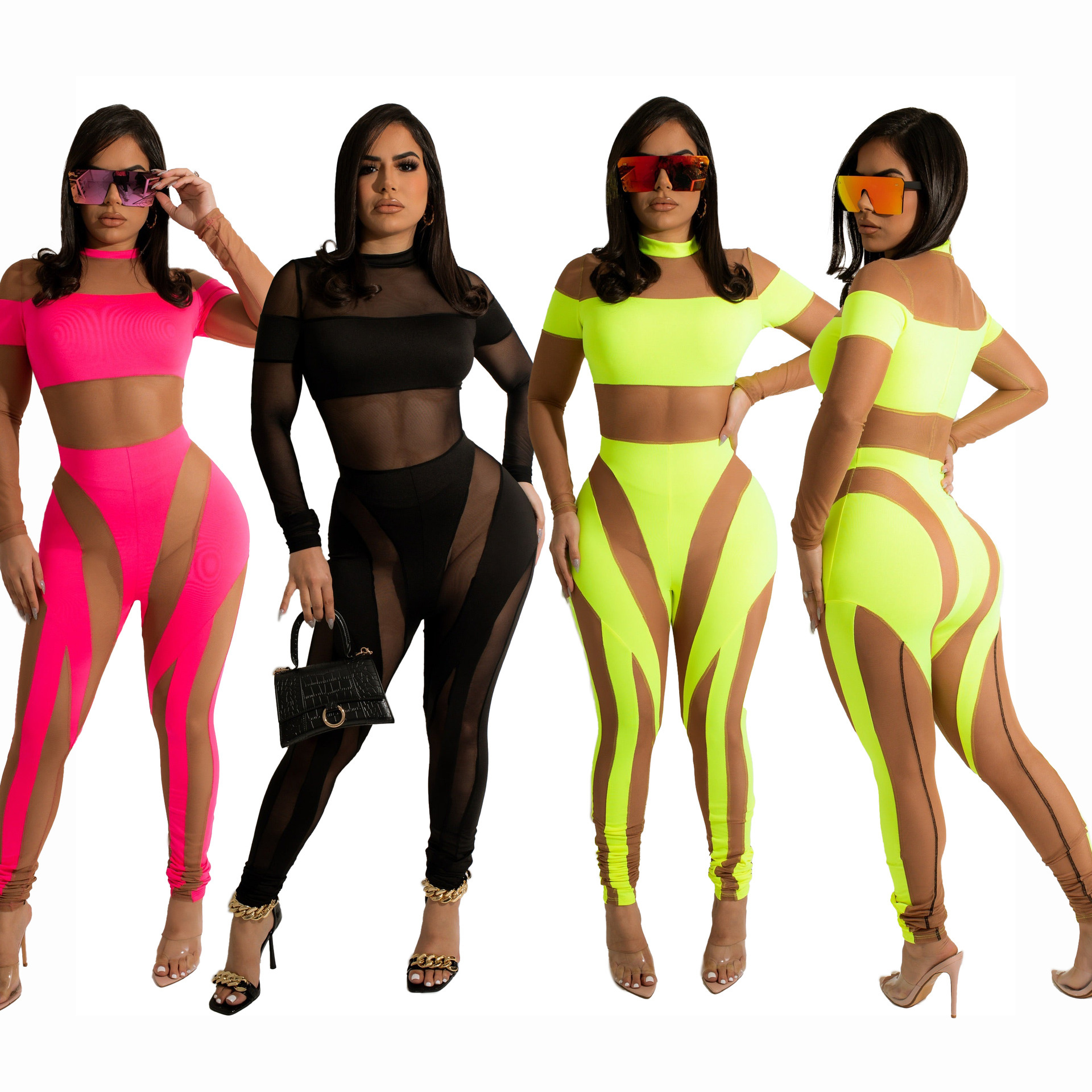 New cross-border Dunhuang Amazon European and American women's fluorescent solid color striped mesh perspective stitching jumpsuit for women
