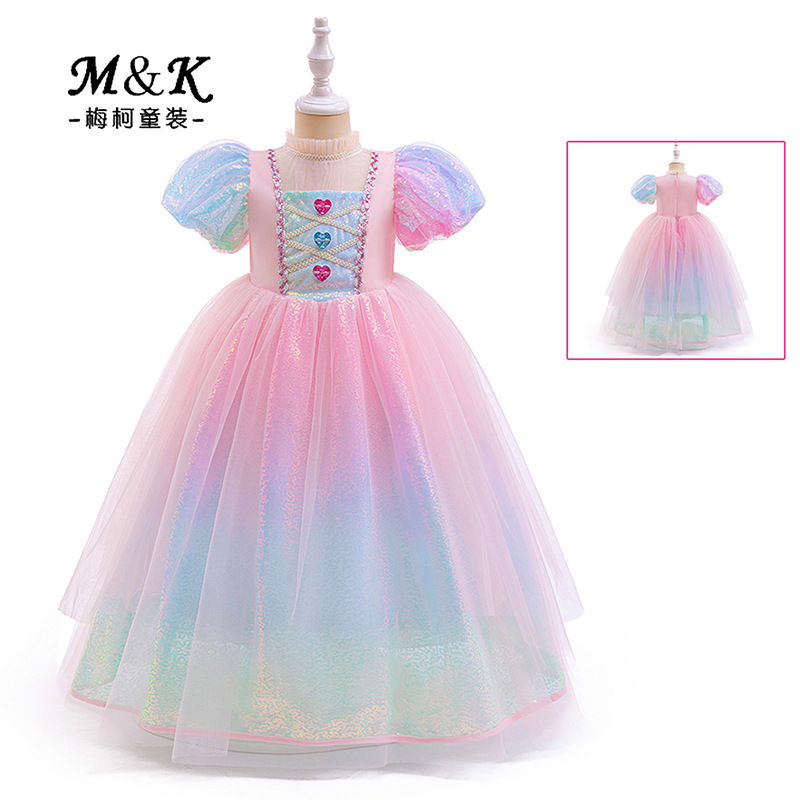 2024 New Girls' Dress Colorful Princess Dress Sequin Mesh Puff Dress Girls' Evening Dress Performance Cos Dress