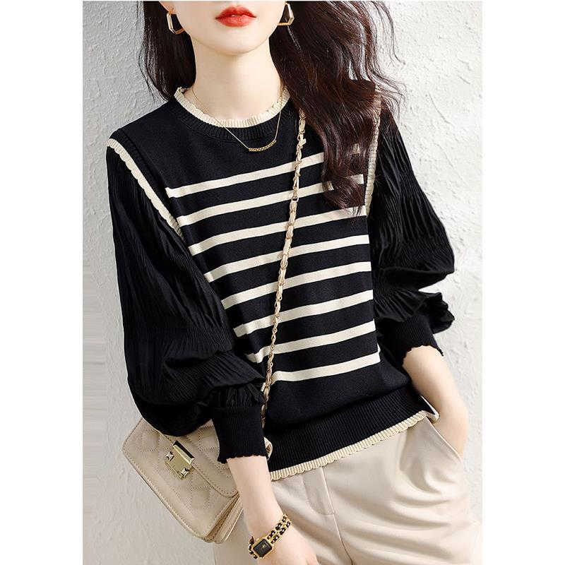 Picture of 2024 stitching lace collar sweater autumn new striped lantern sleeve top commuter all-match women's sweater