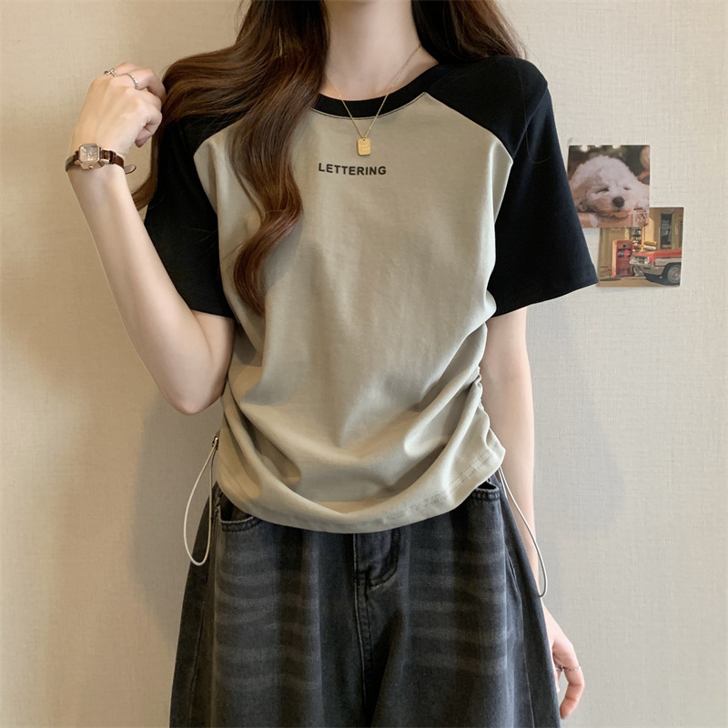 Short-sleeved T-shirt Women's Summer Printed Letter Base Shirt plus size Slimming Casual Shoulder Contrast Drawstring Top for Outer Wear