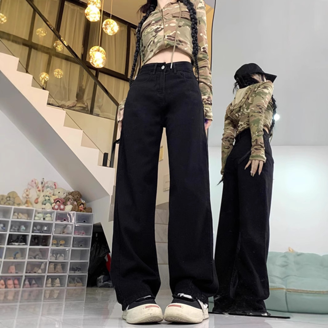 2024 Winter fleece-lined Black Denim Straight Pants Women's New High Waist Casual Loose Wide Leg Dragging Trousers