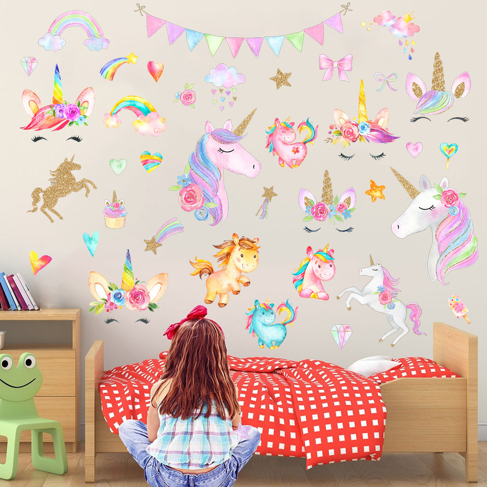 Cross-border New Rainbow Unicorn Stars Cartoon Wall Stickers Living Room Bedroom Children's Room Decorative Mural PD8883