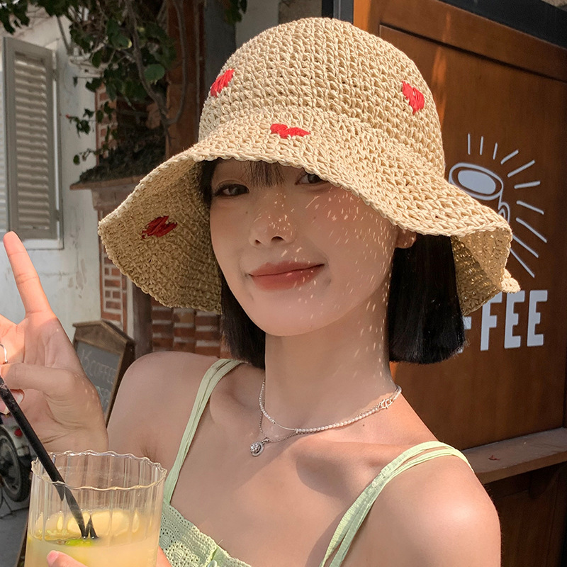 Love Handmade Straw Fisherman Hat Women's Summer Japanese Vacation Sunshade Straw Hat Seaside Beach Hat