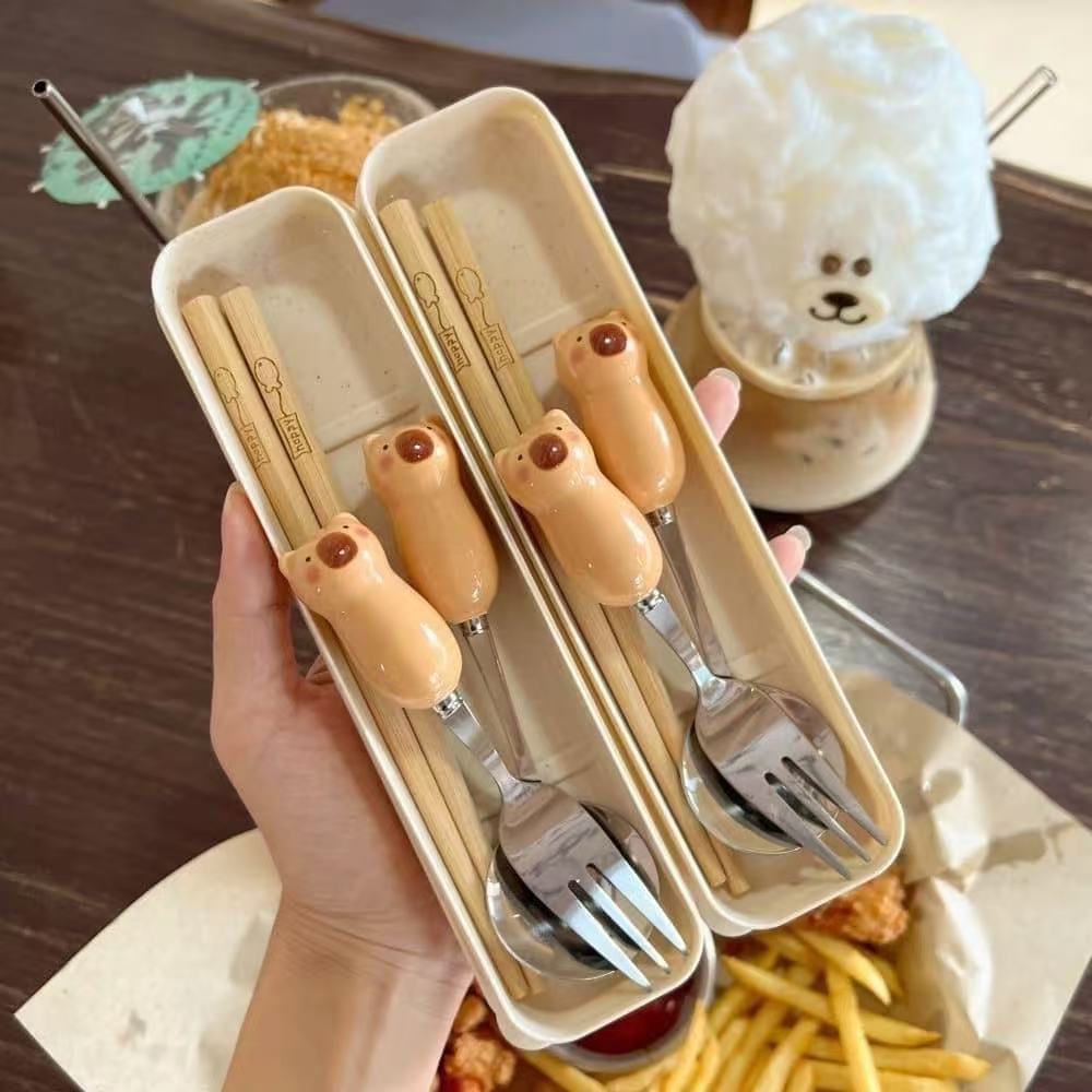 Picture of Ceramic Handle Cute Cartoon Skin Spoon Chopsticks suit Portable Tableware Cartoon Spoon Fork for Students