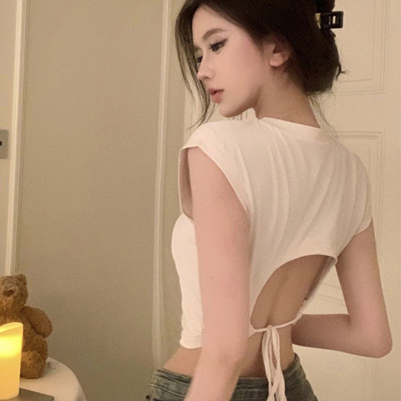 Pure Desire Backless Tight High Waist Short-Sleeved T-Shirt Women's Black Hot Girl Strap Slim-Fit Chic Short Top New Style