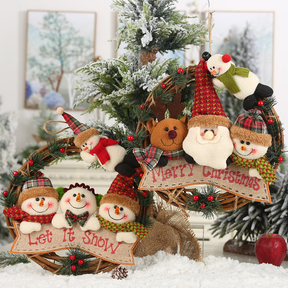 Picture of New Christmas decorations for the elderly snowman elk rattan ring pendant rattan wreath ornaments door hanging wall decoration