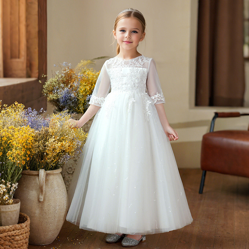 Girls' New Style Dress Lace Children's Skirt Long Seven-point Sleeve Mid-large Children's Flower Girl's Wedding Dress Princess Dress Cross-border