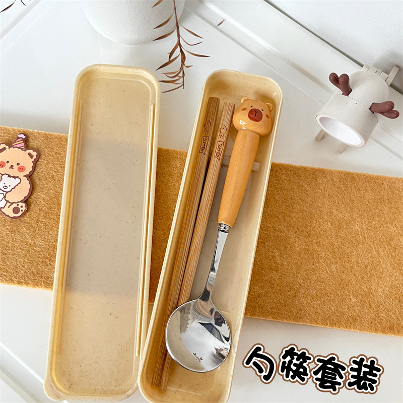 Picture of Ceramic Handle Cute Cartoon Skin Spoon Chopsticks suit Portable Tableware Cartoon Spoon Fork for Students