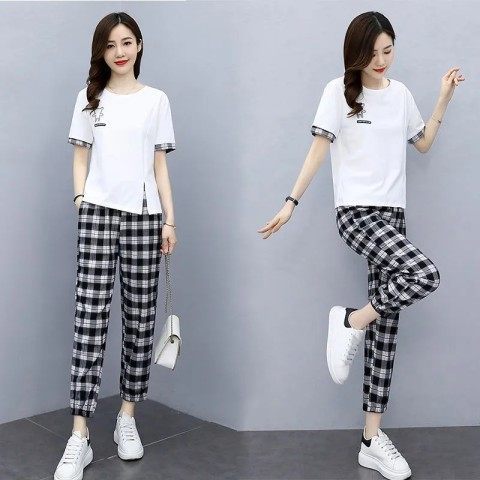 Picture of Fashion Casual Suit Women's 2023 Summer New Simple Elegant Slim Split Top Plaid Pants Two-piece Set