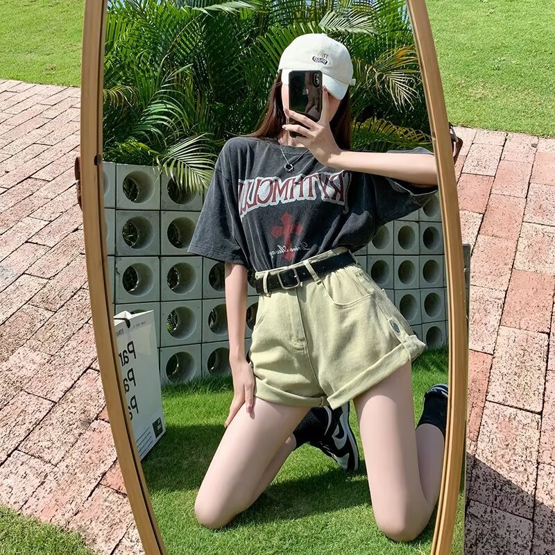 American Style Tooling khaki Denim Shorts Women's Summer New Outfit High Waist Loose Slimming Spice Girls Wide Leg Hot Pants