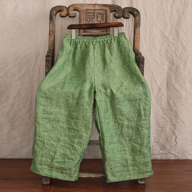 Literary Retro Ethnic Wide-Leg Pants for Women Summer Thin Casual Harem Pants Loose Fashion Cotton Linen Nine-Point Pants