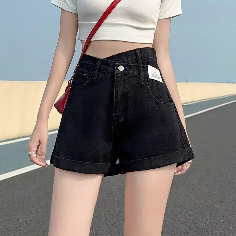 Korean Style Spice Girls Irregular High Waist Denim Shorts 2024 Summer New Black A- word Hip Hot Pants Trendy