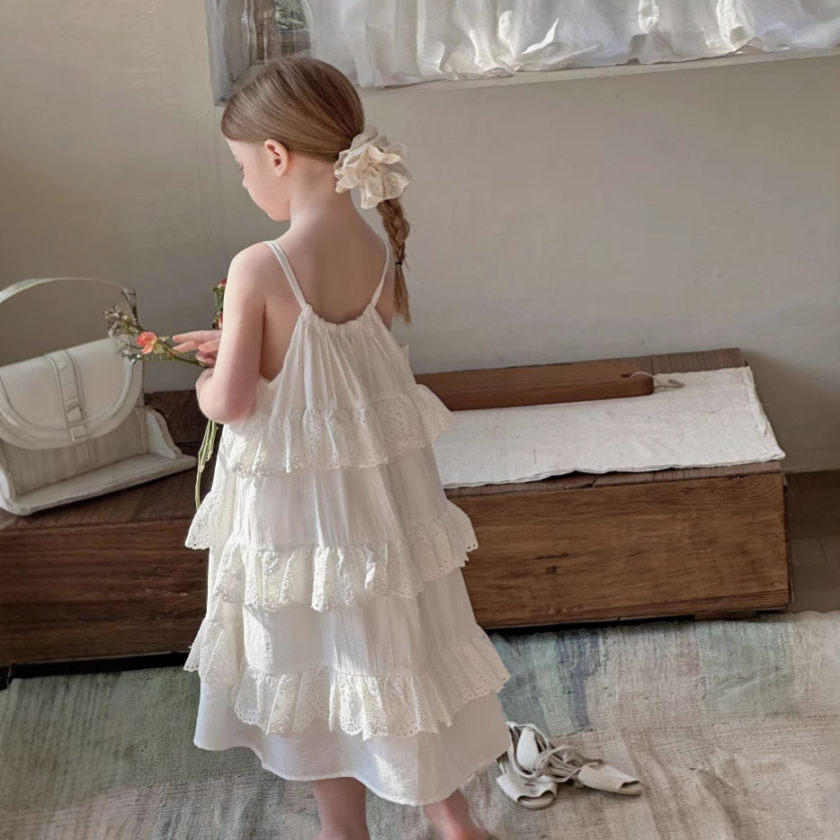 Girls Suspender Dress 2025 Summer New Korean Style Kidsren's White Princess Dress Baby Style Lace Skirt