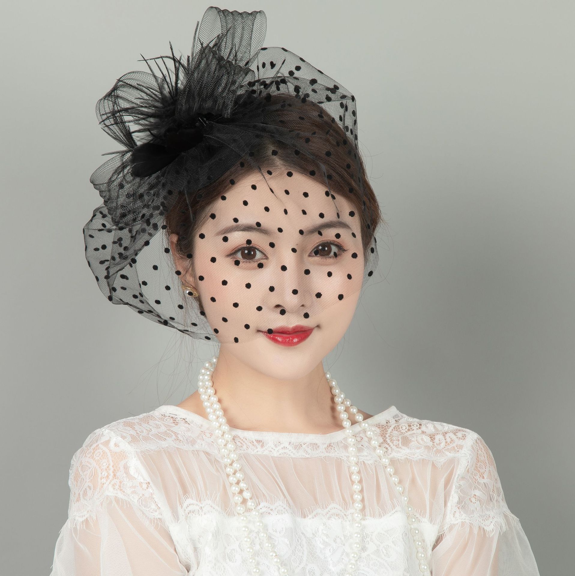Picture of Retro dance party cheongsam dress accessories mesh hat gloves suit european and american socialite feather face covering hair accessories suit