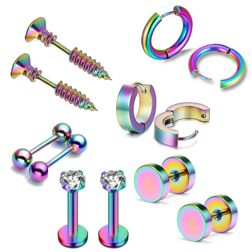 Picture of Amazon Stainless Steel Ear Stud Earrings Set 12 European and American Hip Hop Jewelry Barbell Zircon Ear Buckle Ear Pin
