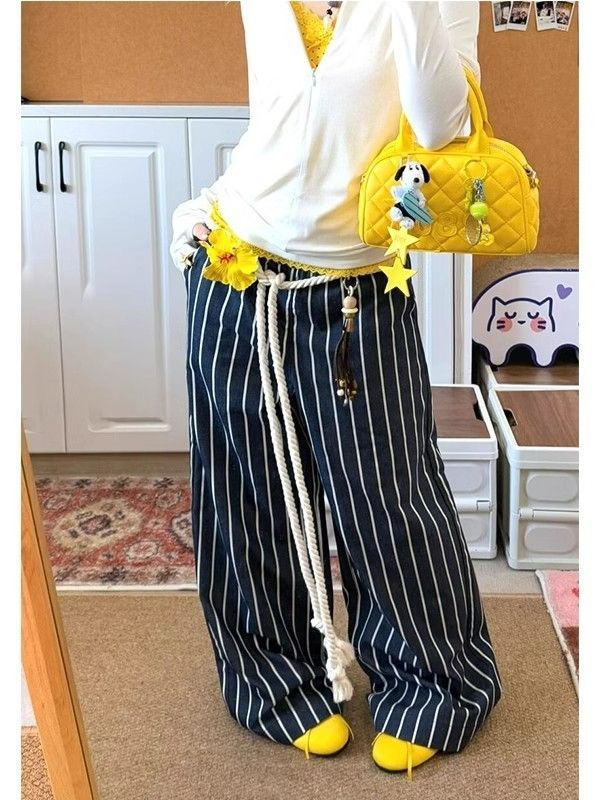 American Retro Striped Casual Pants for Women, Spring and Summer New Street Style, Relaxed Loose Straight Wide-Leg Long Pants