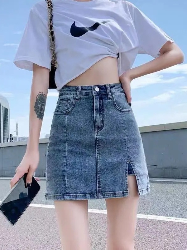 2025 Spring and Summer New Anti-Exposure Denim Skirt Pants High Waist Elastic Slimming Look A-Line Sexy Slit Hip Skirt