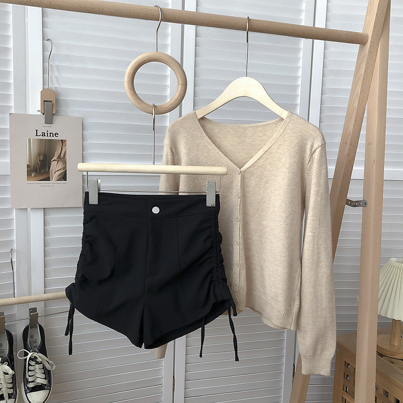 High Waist Slimming Black Casual Pants with Lace on Both Sides Women's Korean-style All-match Slimming Outer-wear Shorts for Summer 2024