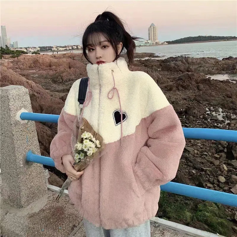 Lamb cashmere coat women's autumn and winter 2022 new junior high school Senior high school students Korean version of loose thick stitching cotton-padded jacket tide