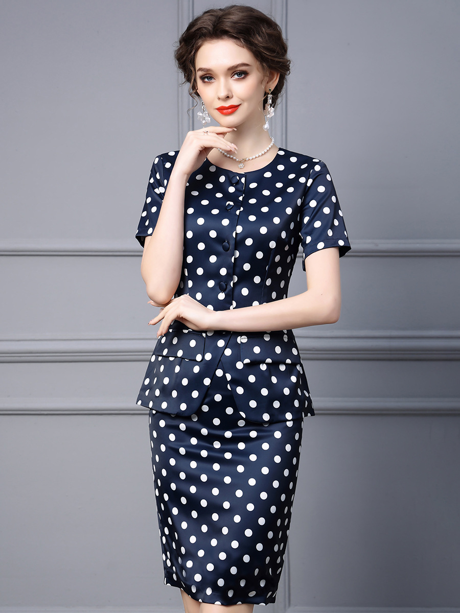 Picture of Zhili 2025 New Summer Suit for Women, Fashionable and Gentle Style, Polka Dot Round Neck, Short Suit, Hip-Covering Skirt, Two-Piece Set
