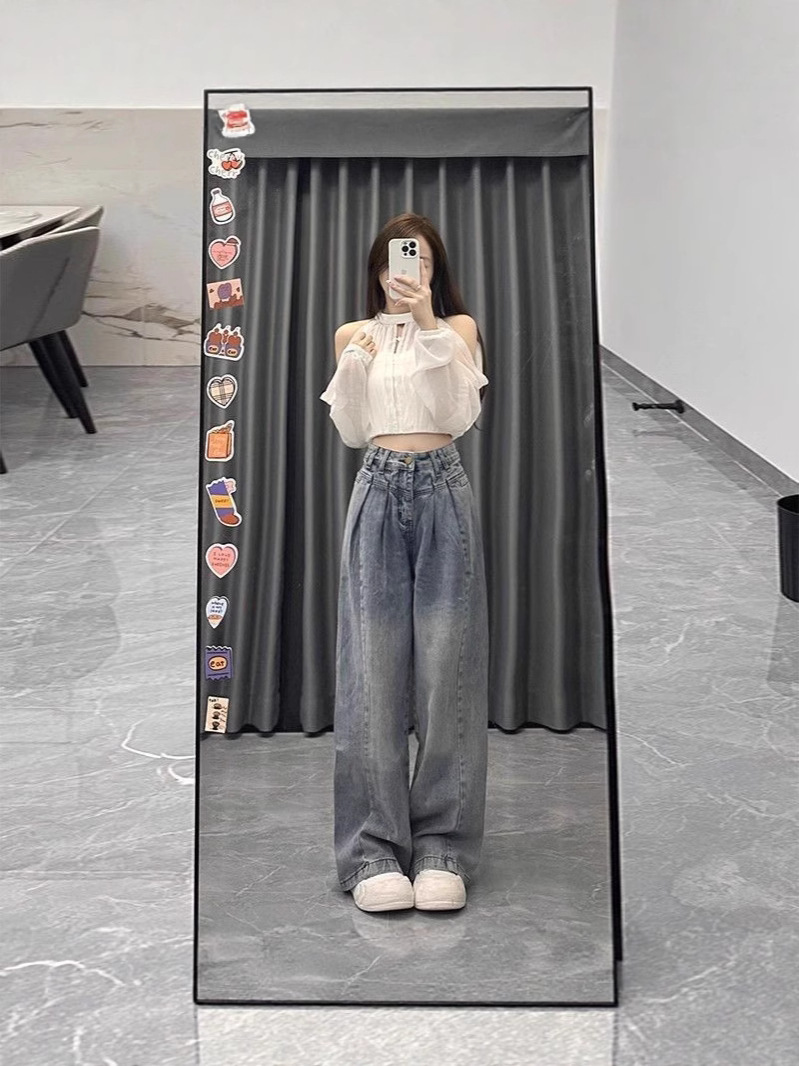 American Retro Wide-Leg Jeans for Women, High-Waisted, 2025 New Style, Loose, Slimming, Height-Enhancing, Pear-Shaped Body, Floor-Length Pants
