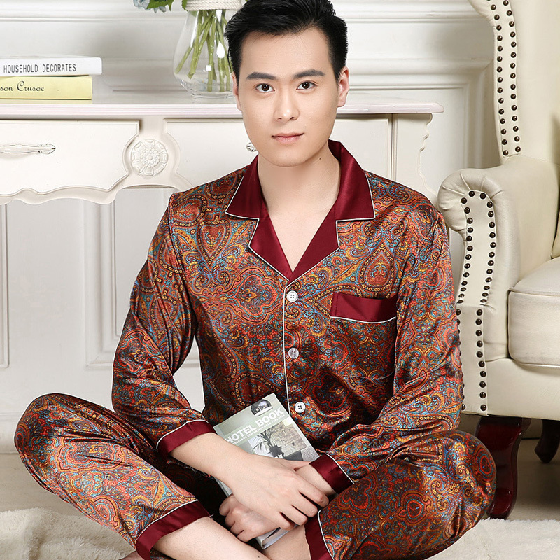 Spring Youth Men's Imitation Silk Pajamas Set Men's Color Long Sleeve Silk Large Size Silk Home Clothes Thin