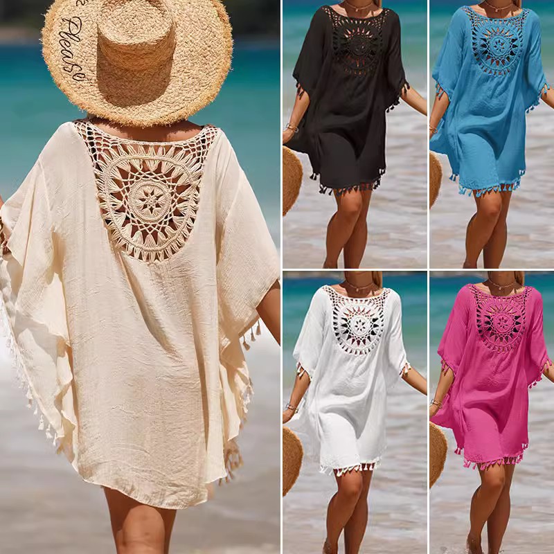 Loose bikini tassel blouse beach coat women's hollow pullover hot spring blouse seaside sun protection swimsuit outer wear