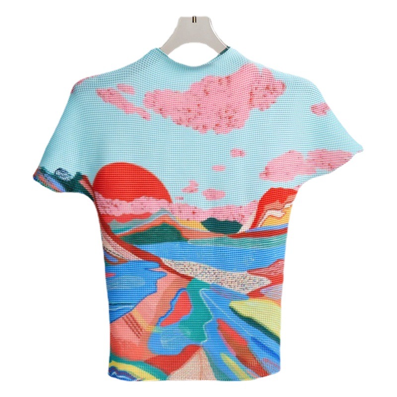 Shenzhen Nanyou High-end Short-sleeved T-shirt Women's Summer New Printed Pleated Top Thin T-shirt Women's Instagram Fashion