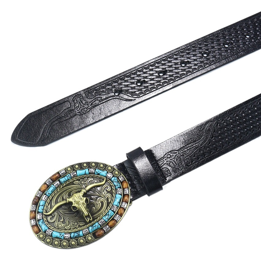 Cross-border Hot Sale Western Denim Belt Tau Amazon Trendy Retro Youth Men Punk PU Leather Belt