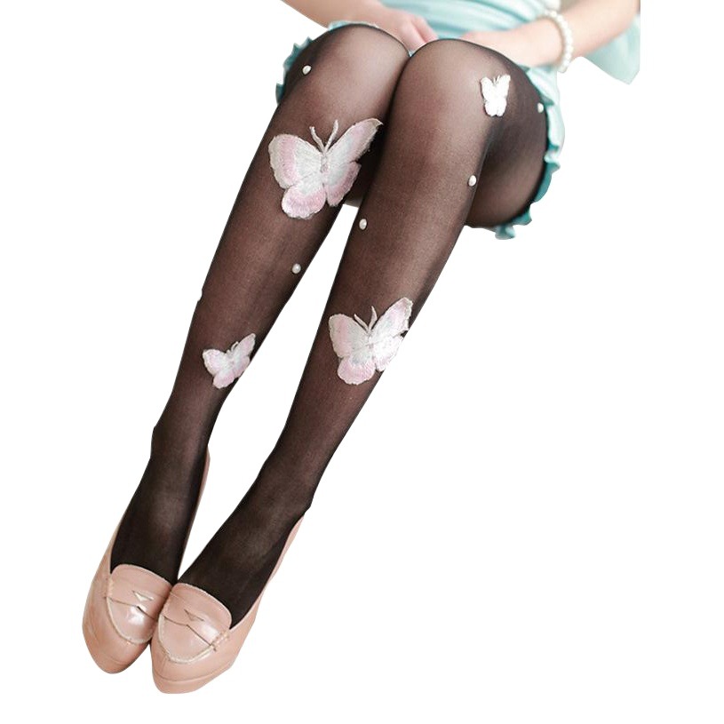 Hand-made Butterfly Embroidered Lace Pearl Silk-free Cut Silk Stockings Spring and Autumn Pantyhose Leggings Socks Women