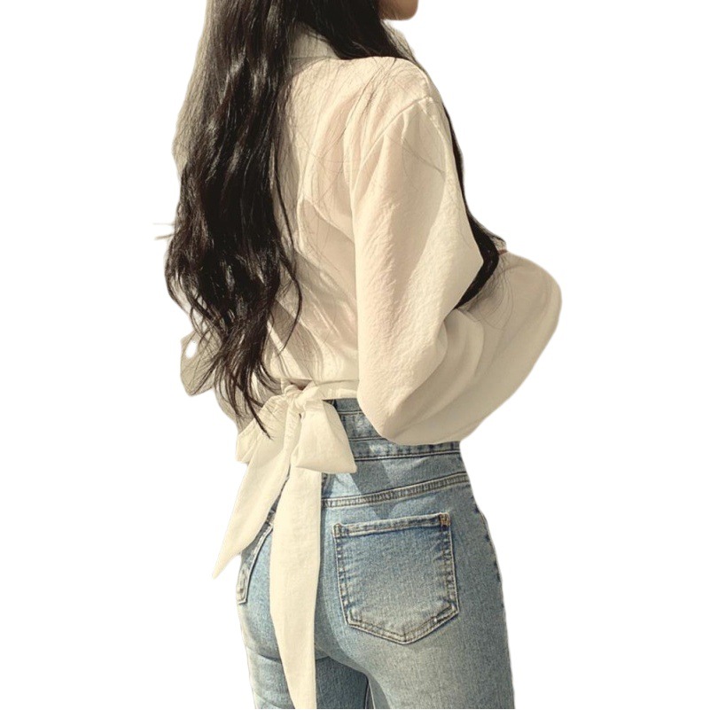 Korean Chic Early Spring French Niche Design Back Tie Bow Exposed Navel Short Shirt Top for Women