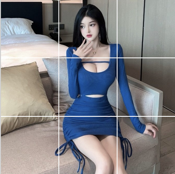Sexy Long Sleeve Square Collar Top Short Skirt Bag Arm Skirt Two-piece Set Women's 8905 Blue Button Connection Two-piece Set