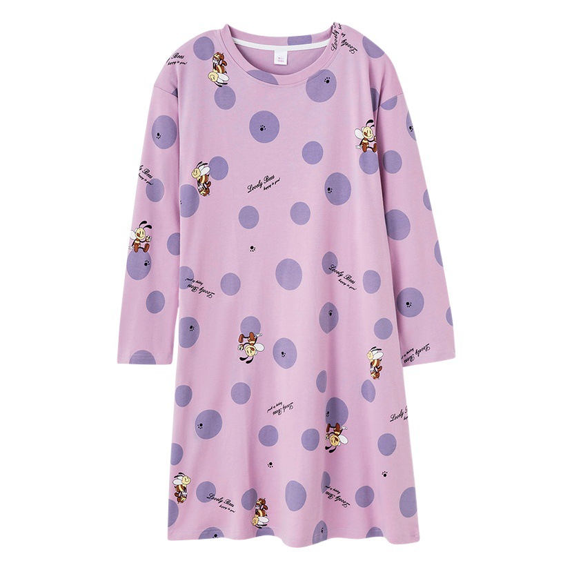 Spring and Autumn New Cotton Long-sleeved Nightgown Women's Thin Cute Cartoon Home Clothes Outwear Mid-length Dress